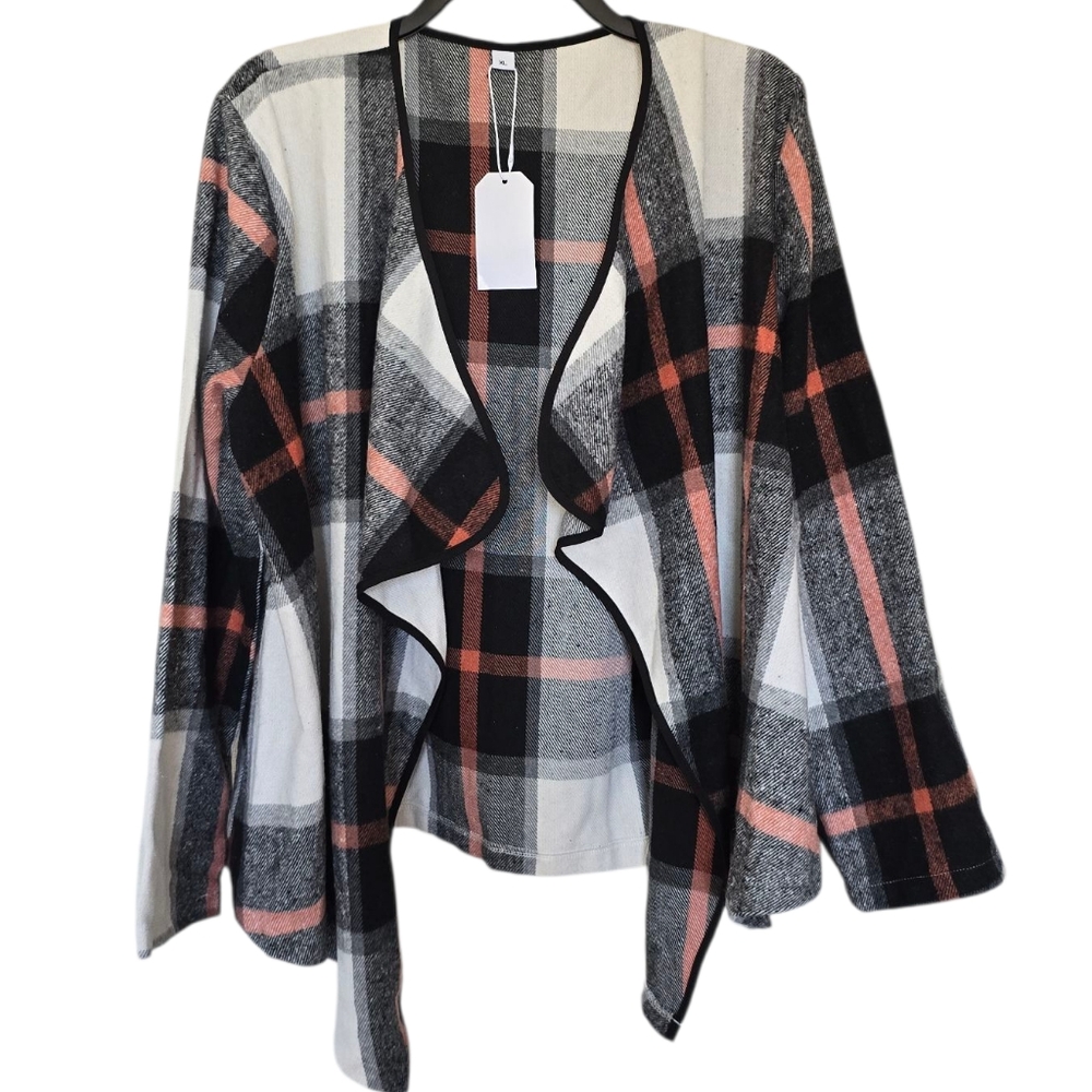 Plaid Drape Open Front Jacket Size XL